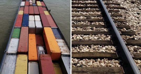 Containerschip en spoorrails